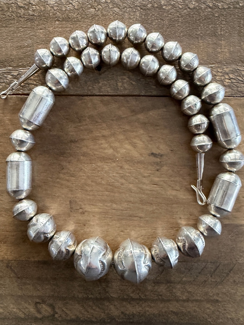 Vintage Native Navajo Handmade Sterling Silver Bench Beads Barrel Necklace